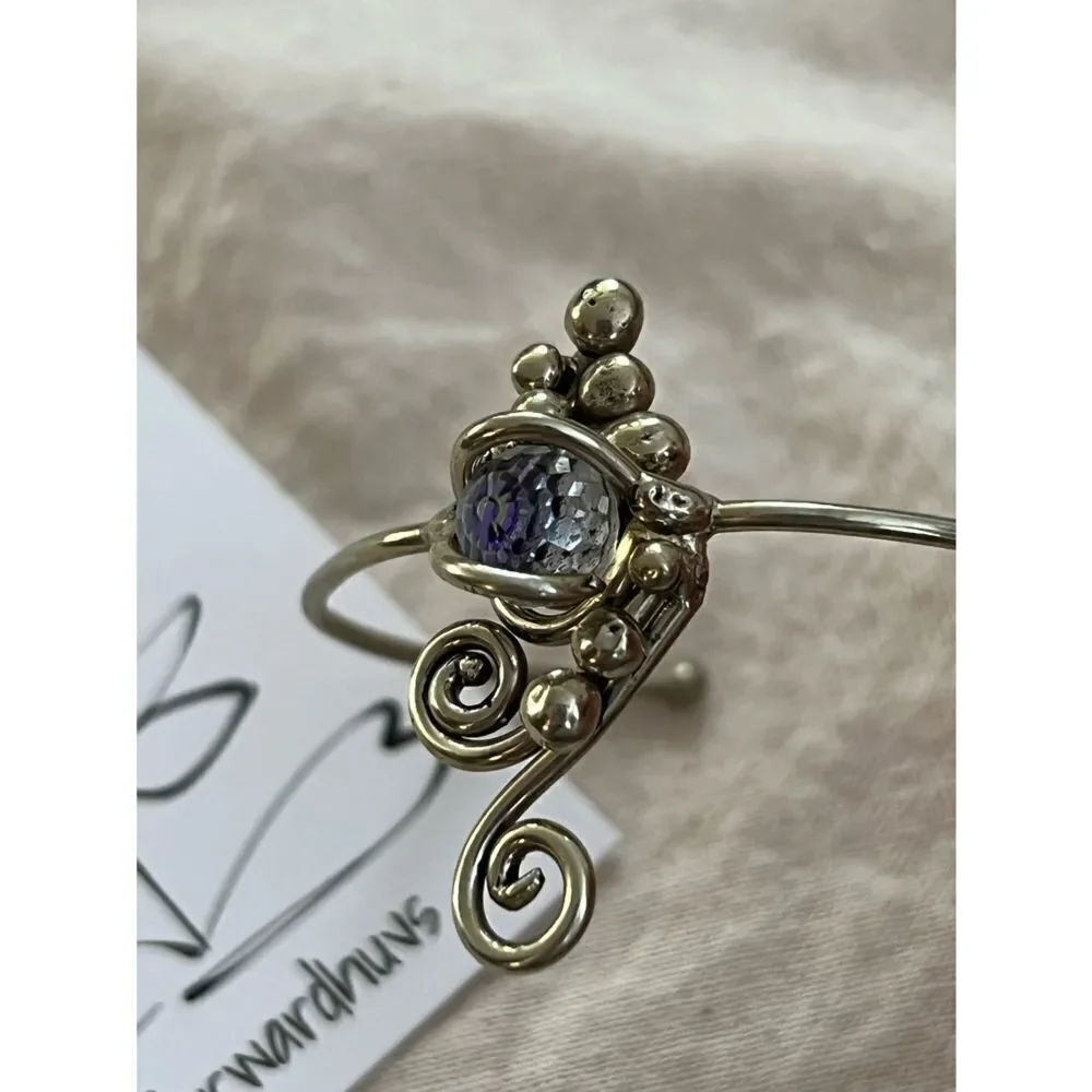 Youth Silver Tone Cuff Bracelet with Unique Purple Bead